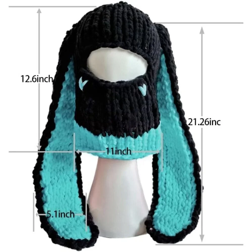 Women's Black Dark Green Bunny Hat Knit Plush Long Ears Fluffy Cosplay Party Hat - Picture 2 of 4